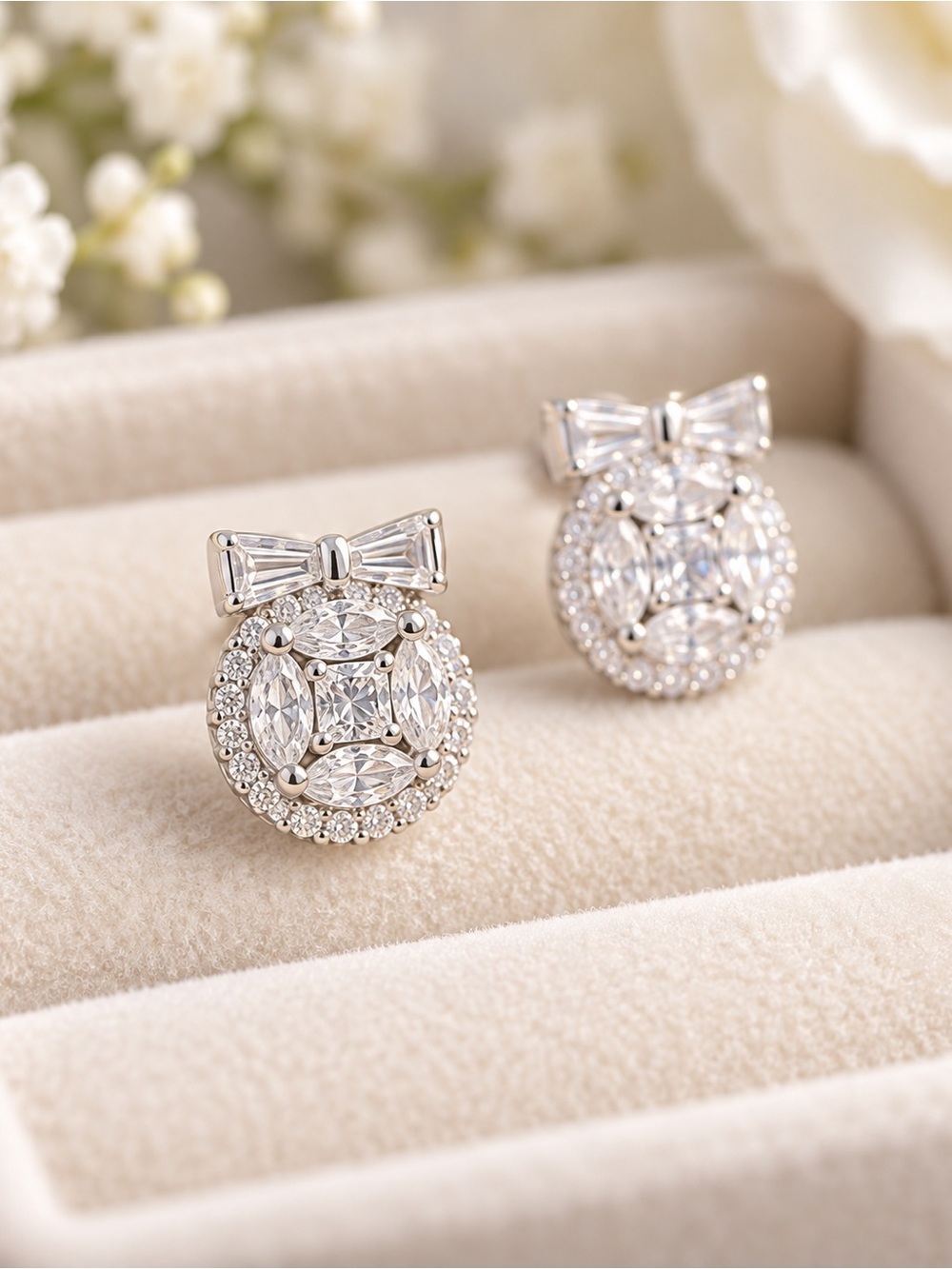 Silver Bow Round Cubic Zirconia Stud Earrings - Elegant Silver Jewelry